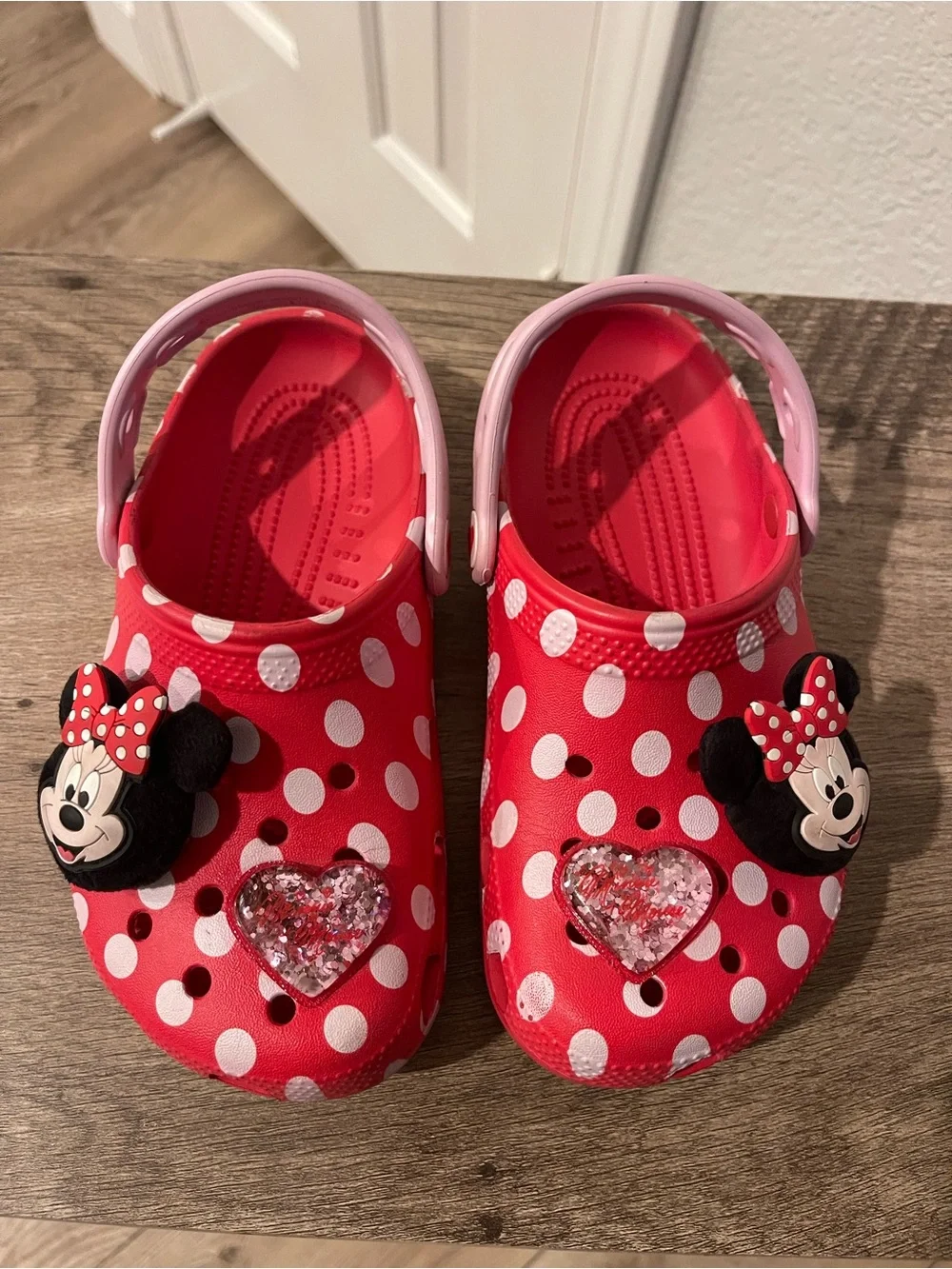 Disney Minnie Mouse Red and White Polka Dot Kids Croc Sandals with Pink Straps